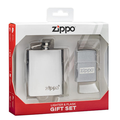 ˫ Flask & Lighter Gift Set standing at a 3/4 angle